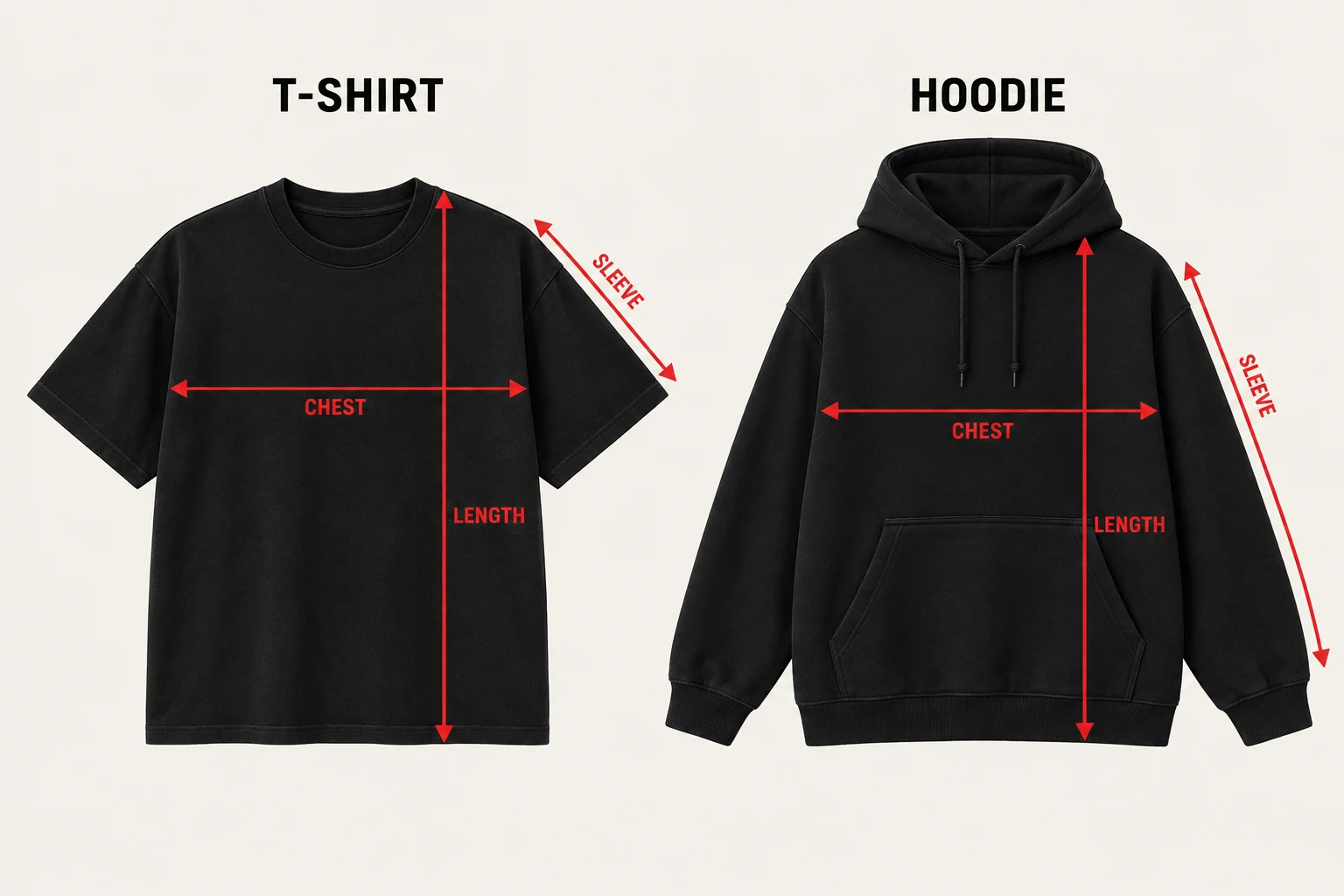 How to measure a T-shirt and hoodie: chest across from armpit to armpit, body length from shoulder to hem, and sleeve from shoulder seam to cuff.