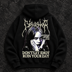 Black Billie Eilish hoodie with cream and purple portrait and statement lettering on the back