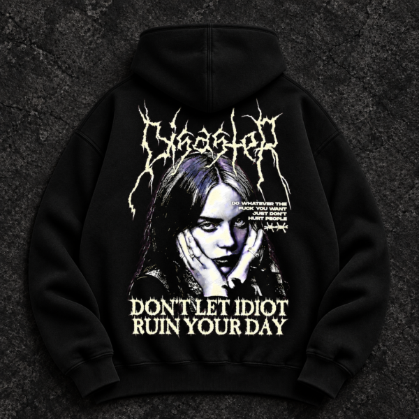 Black Billie Eilish hoodie with cream and purple portrait and statement lettering on the back