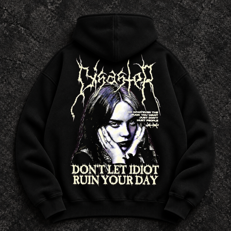 Black Billie Eilish hoodie with cream and purple portrait and statement lettering on the back