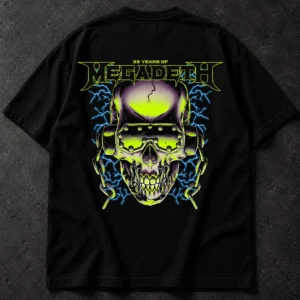 Black Megadeth 35 Years Skull T-shirt with green skull and blue lightning back print