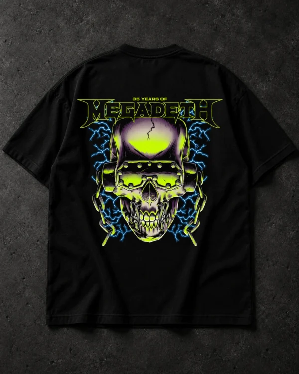 Black Megadeth 35 Years Skull T-shirt with green skull and blue lightning back print