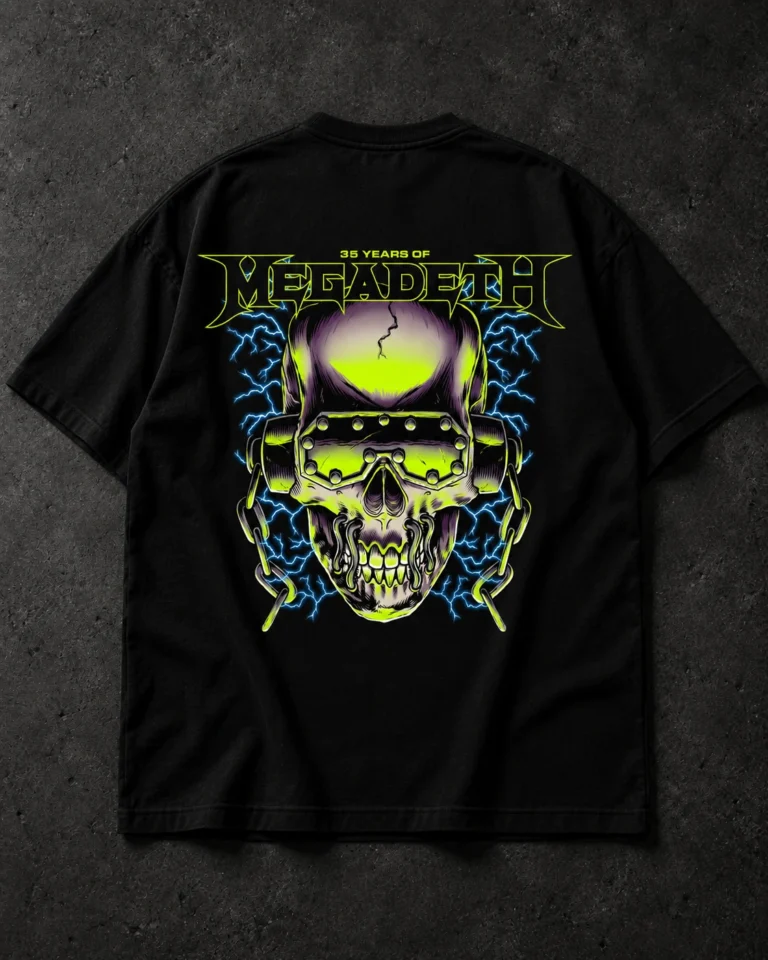 Black Megadeth 35 Years Skull T-shirt with green skull and blue lightning back print