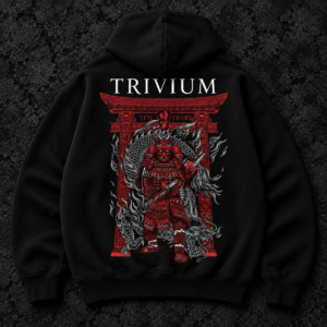 Black Trivium hoodie with red and white Ten Years samurai and dragon back artwork
