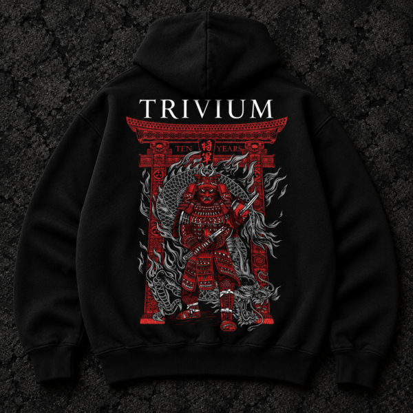 Black Trivium hoodie with red and white Ten Years samurai and dragon back artwork