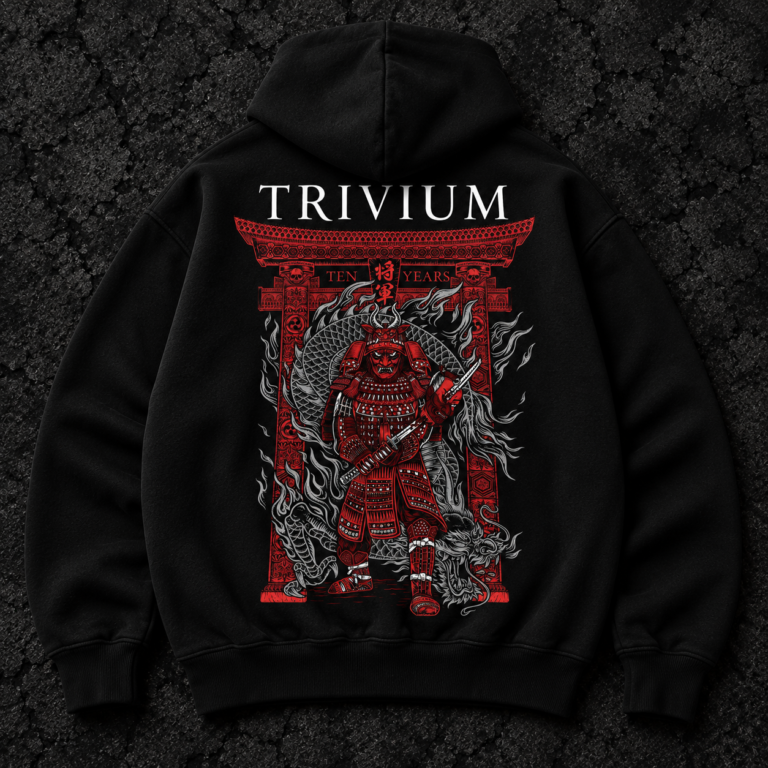 Black Trivium hoodie with red and white Ten Years samurai and dragon back artwork
