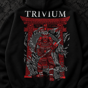 Close-up of Trivium Ten Years samurai and dragon hoodie back artwork