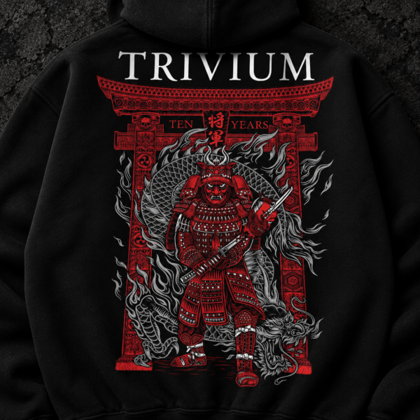 Close-up of Trivium Ten Years samurai and dragon hoodie back artwork