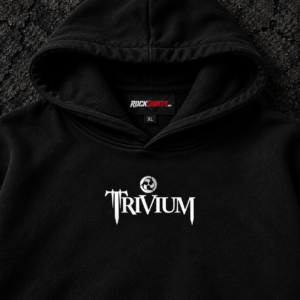Close-up of white Trivium chest logo on black hoodie
