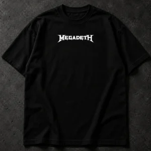 Black Megadeth T-shirt with white chest logo, front view of the Front + Back style