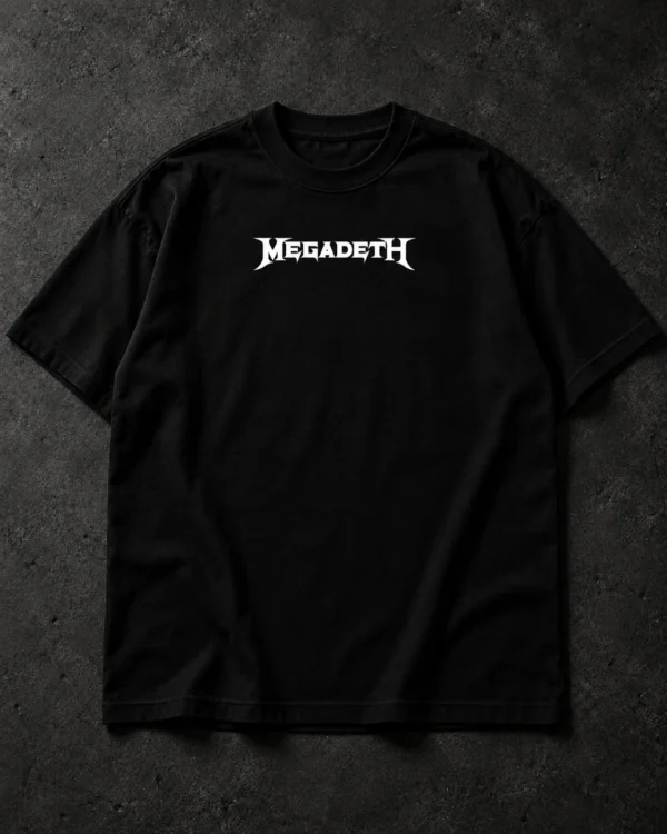 Black Megadeth T-shirt with white chest logo, front view of the Front + Back style