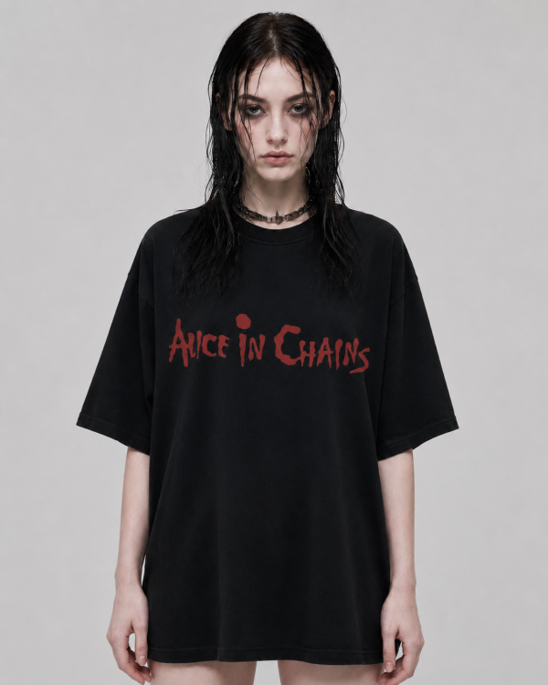 Female model wearing the Alice in Chains Red Logo Oversized T-Shirt