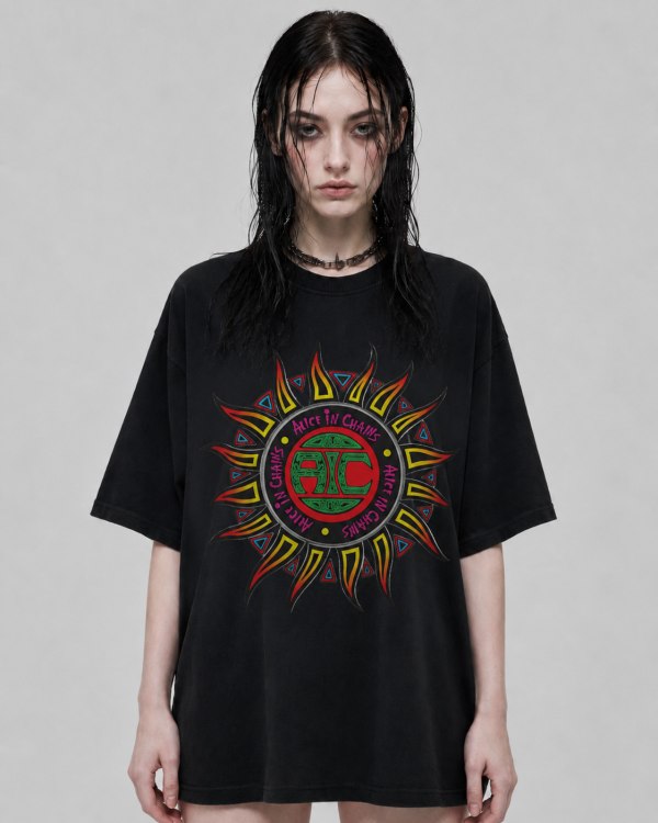 Female model wearing the Alice in Chains Sun Oversized T-Shirt