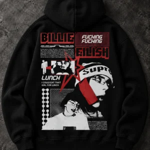 Billie Eilish Red Portrait Collage black hoodie, Front + Back