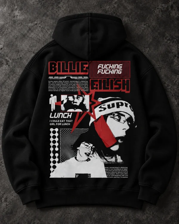 Billie Eilish Red Portrait Collage black hoodie, Front + Back