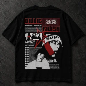 Billie Eilish Red Portrait Collage black T-shirt, back artwork