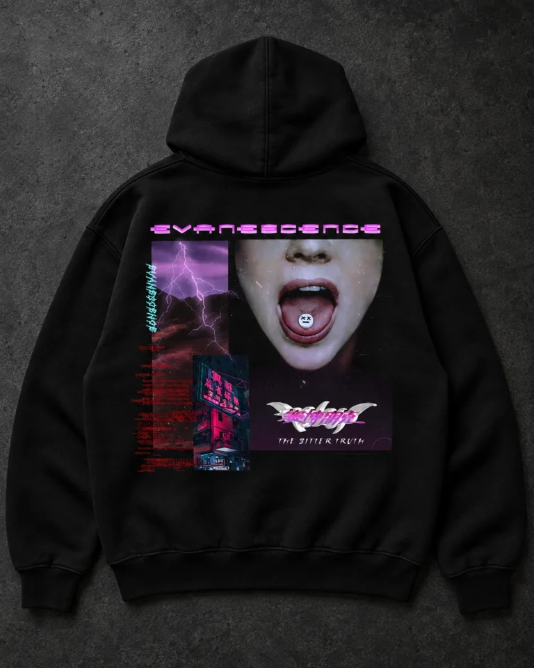 Evanescence Neon Portrait Collage black hoodie, Front + Back