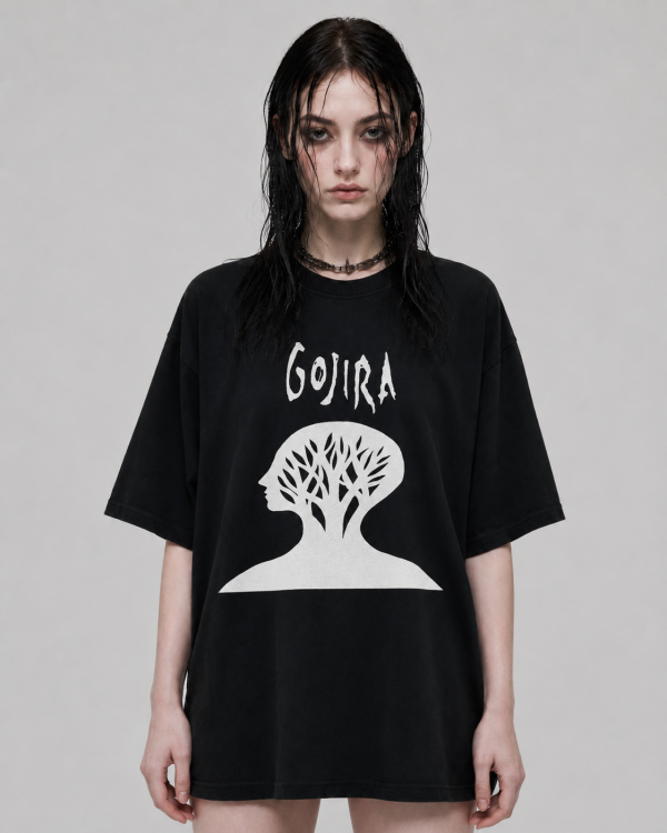 Female model wearing the Gojira Tree Oversized T-Shirt