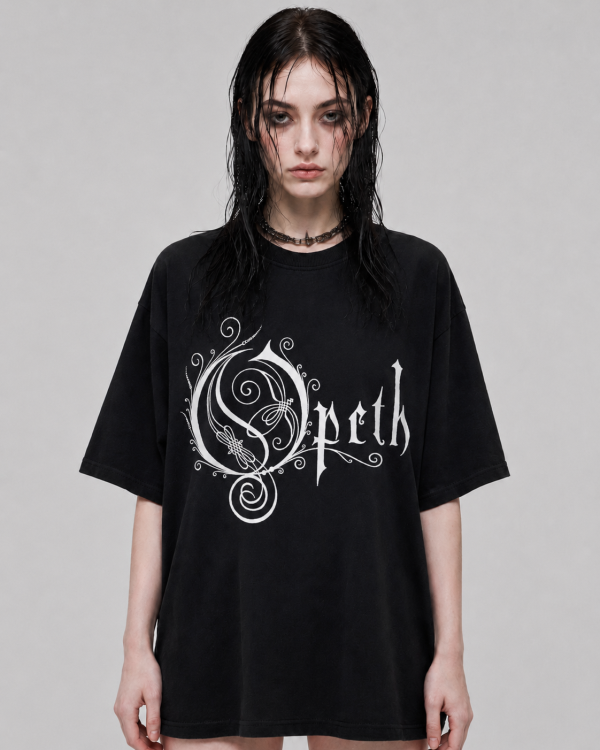 Female model wearing the Opeth Logo Oversized T-Shirt