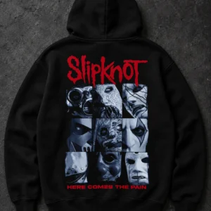 Slipknot Here Comes the Pain mask collage hoodie back view