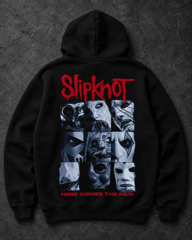 Slipknot Here Comes the Pain mask collage hoodie back view
