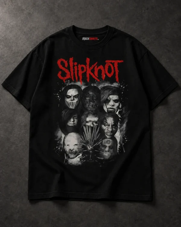 Slipknot Here Comes the Pain Mask Collage black T-shirt, front chest